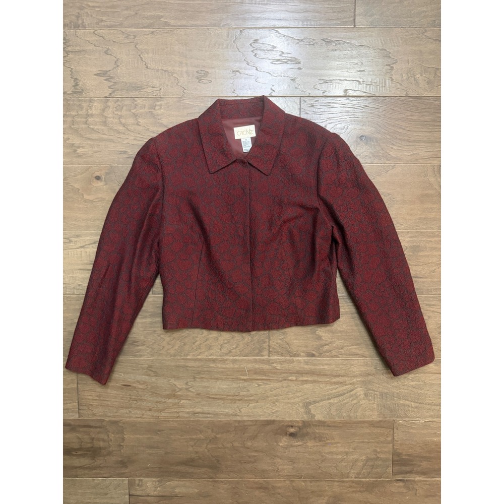 Vintage Cache Blazer Women 12 Burgundy Wool Jacquard Leopard Cropped Jacket